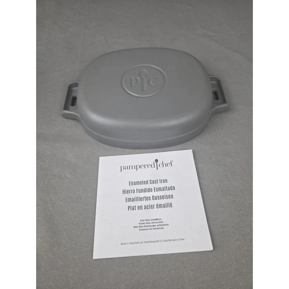 Pampered Chef GRAY Enameled CAST IRON 1 Qt BAKER Handles Casserole